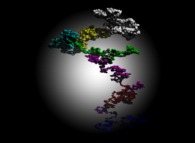 A tridimensional pseudo-random walk -spherical coordinates- defined by means of the 99.999 first decimals of 'pi-e' (423310...)-base 10- with 33.333 time steps 