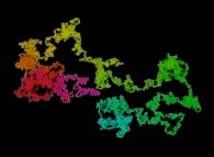 On appelle mouvement brownien bidimensionnel le mouvement d'une particule dont les déplacements dans le plan sont aléatoires. Les couleurs utilisées sont fonction du temps et la courbe blanche est l'enveloppe de la trajectoire qui sont toutes deux des courbes fractales de dimensions respectives 4/3 et 2 