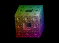 L'éponge de Menger s'obtient en partant d'un cube que l'on découpe en 3x3x3 petits cubes, puis en supprimant les sept qui sont au centre ainsi qu'au milieu des six faces et enfin en itérant ce processus indéfiniment (5 fois sur cette image). L'objet obtenu a une dimension fractale égale à log(20)/log(3)=2.7268... 