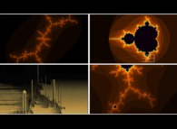 L'ensemble de Mandelbrot M est l'ensemble des nombres complexes définissant des ensembles de Julia J connexes. Cette image est extraite d'une animation présentant un voyage le long de la frontière de M et les J correspondant au point courant. La troisième dimension visualise le nombre d'itérations effectuées lors du calcul de M 